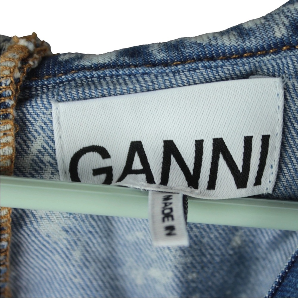 Ganni Light Bleach Denim V-neck Ruffle Collar Dress Size 38 US 6 - Picture 7 of 15